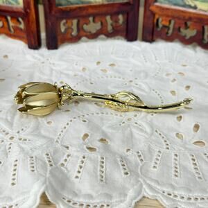 Vintage Gold Tone Long Stem Rose Flower Brooch Pin Victorian Coquette Prairie